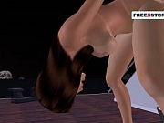 An animated 3D cartoon threesome lesbian sex in many positions using strapon.